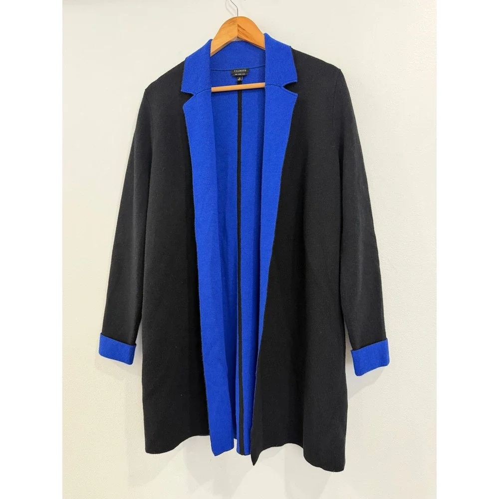 Talbots Merino Wool Open Front Longline Cardigan Black Royal Blue Medium - Picture 4 of 6